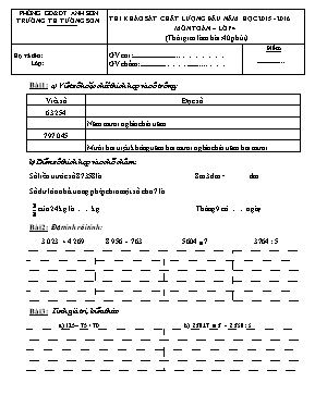 Đề thi khảo sát chất lượng đầu năm môn Toán Lớp 4 - Năm học 2015-2016 - Trường Tiểu học Tường Sơn (Có đáp án)